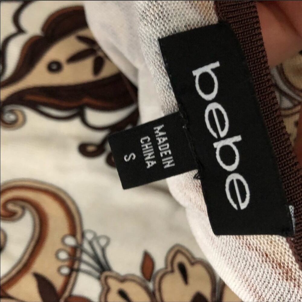 Vintage BEBE Brown Cream White Paisley Printed Cap Gathered Sleeve Mini Dress S - Picture 6 of 6
